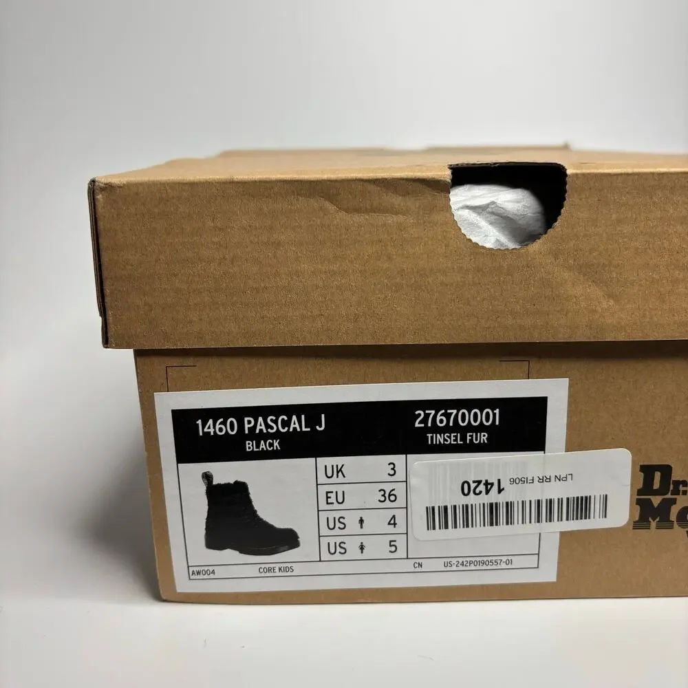 Dr. Martens Junior 1460 Pascal Tinsel Fur Lace Up Boots in Black
